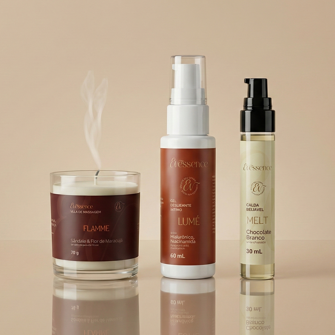 Kit - Vela de Massagem + Gel Deslizante + Calda Beijável - Evessence