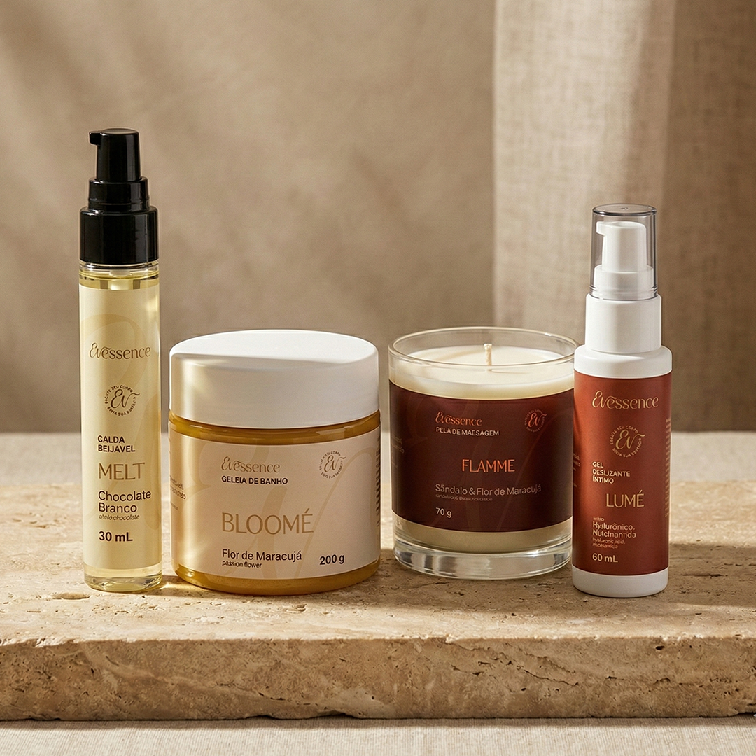 Kit - Vela de Massagem + Gel Deslizante + Calda Beijável + Geleia de Banho - Evessence
